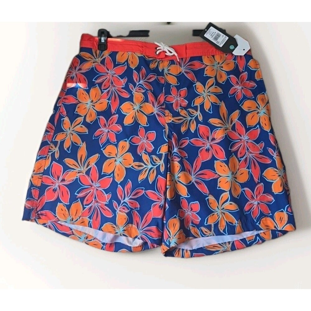 Hot Coals Men’s 8" Swim Trunks L Elastic Waist‎ Orange Floral Print Boardshorts
